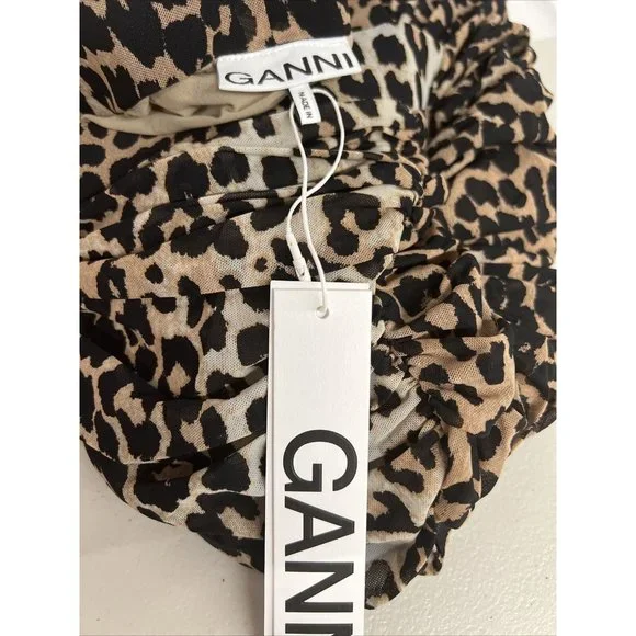 NEW NWT Ganni Leopard Shirred Skirt Animal Printed Mesh Short Stretch SZ US 2 34 - Picture 6 of 9